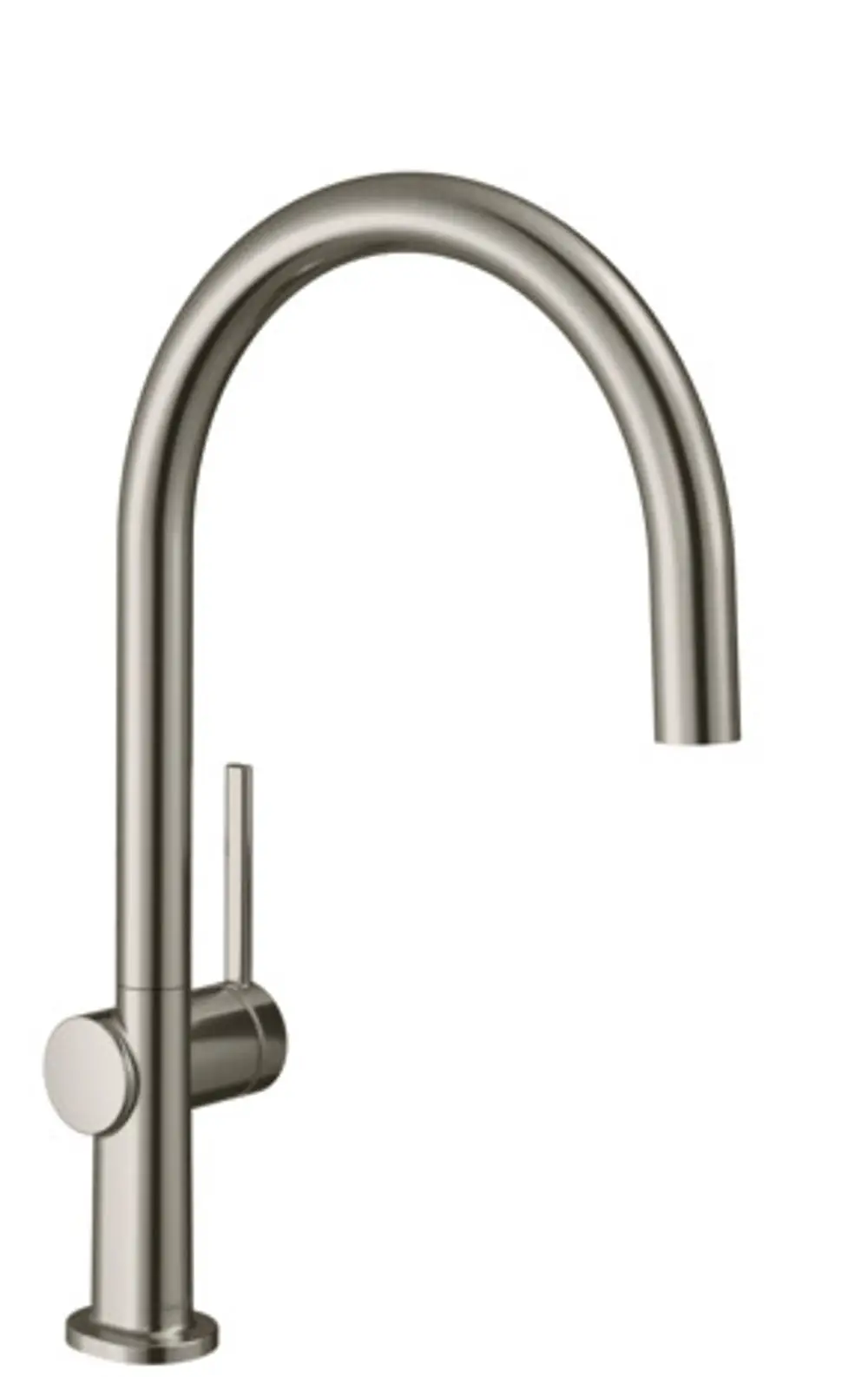 Hansgrohe Spültischmischer in Edelstahl-Optik mit hohem, geschwungenem Auslauf und seitlichem Hebel zur regulären Wassersteuerung.